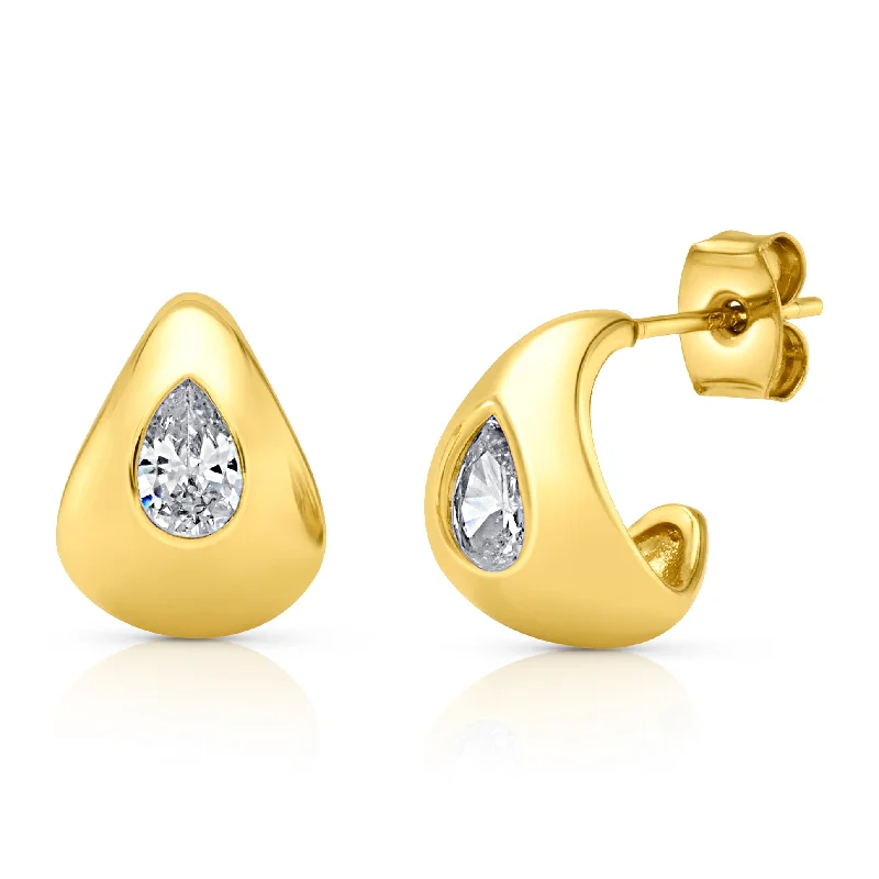 women's earrings with beads -BOLD PEAR CZ HUGGIE EARRINGS, GOLD