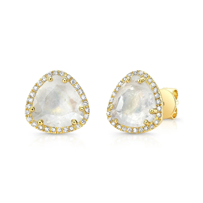 women's earrings small hoop -14K Yellow Gold Diamond + Moonstone Trillion Stud Earrings