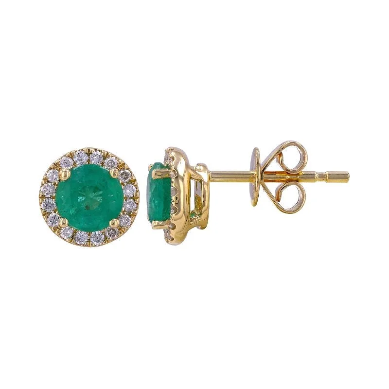 women's earrings with crystals -14K Yellow Gold Round Emerald with Diamond Halo Stud Earrings