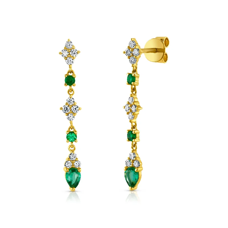 women's earrings round cut -CASCADING EMERALD & DIAMOND EARRINGS, 14kt Gold