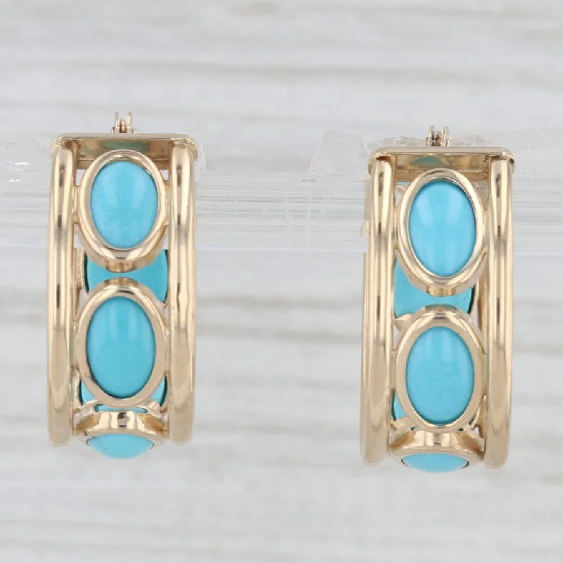 women's earrings handcrafted silver -Lab Created Turquoise Hoop Earrings 14k Yellow Gold Snap Top Round Hoops