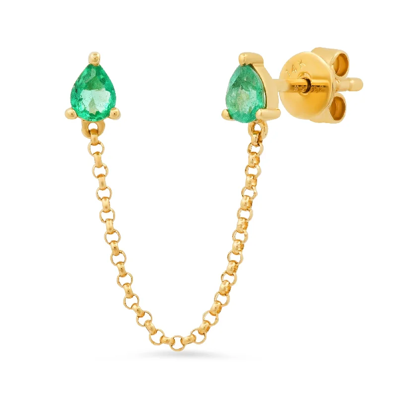 women's earrings for mother -SINGLE EMERALD PEAR DROP CHAIN STUD, 14kt GOLD