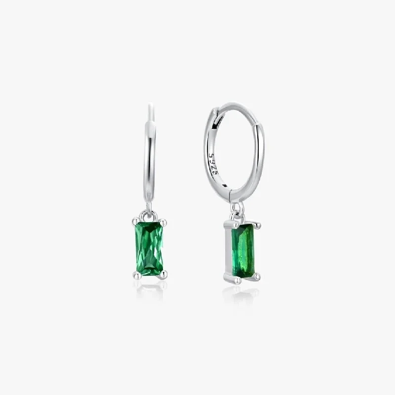 women's earrings cubic zirconia -Green Rectangle Sterling Huggies in Silver