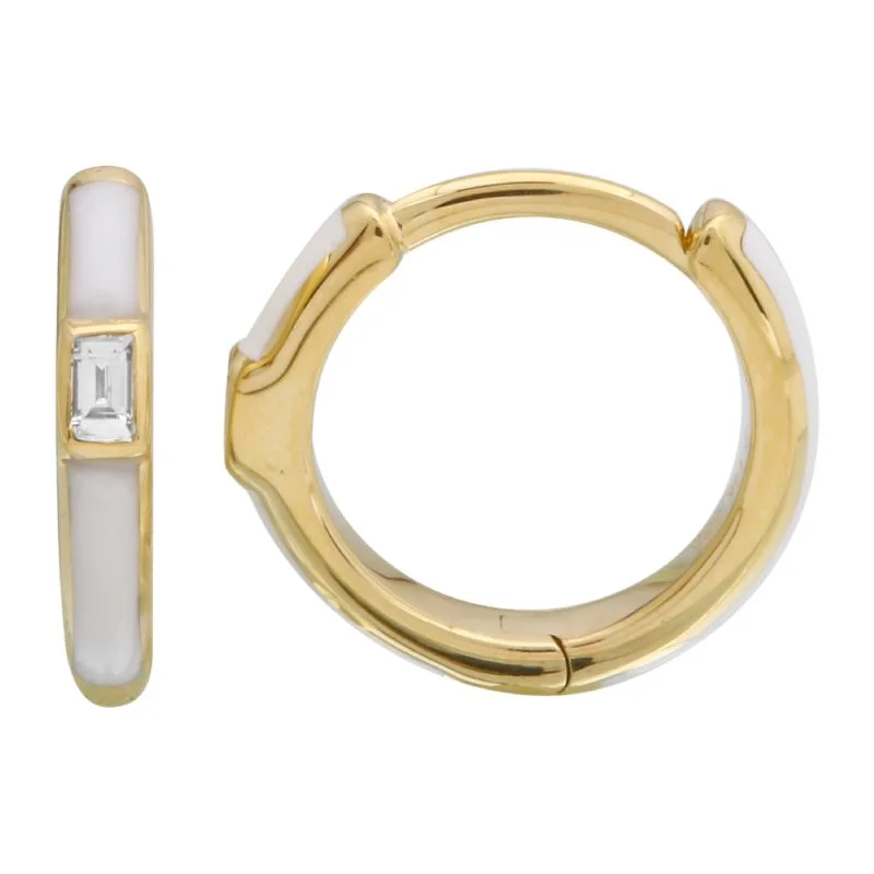 women's earrings heart shape -14k Yellow Gold White Enamel & Diamond Huggie Earrings