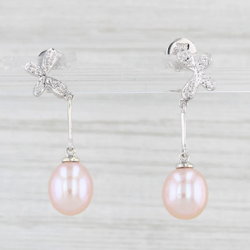 women's earrings vintage silver -Pink Cultured Pearl Dangle Earrings 14k White Gold Pierced Drops