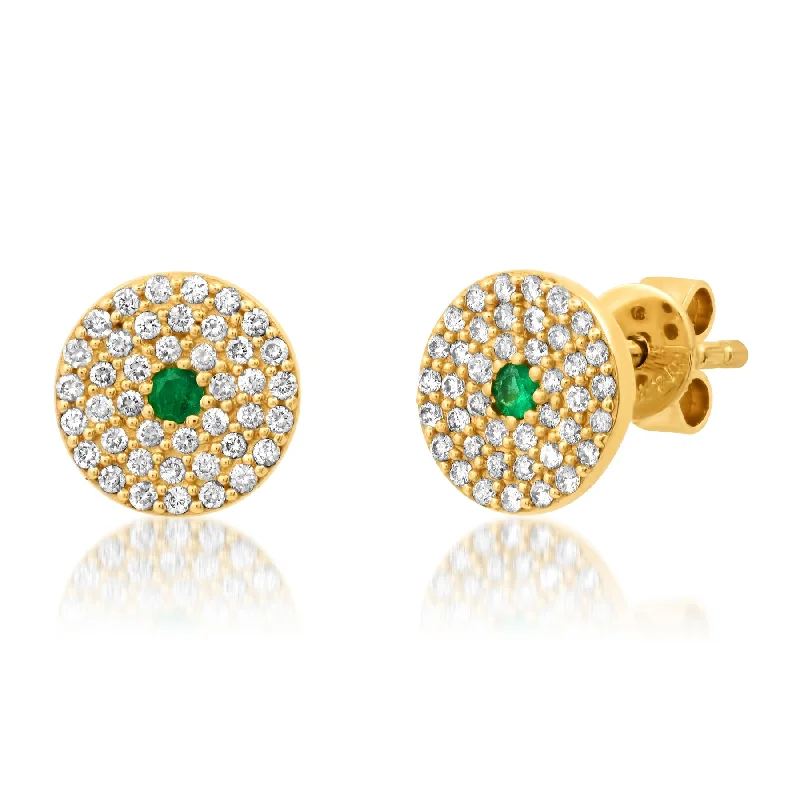 women's earrings bold and stylish -DIAMOND DISC EMERALD CENTER STUDS, 14kt GOLD