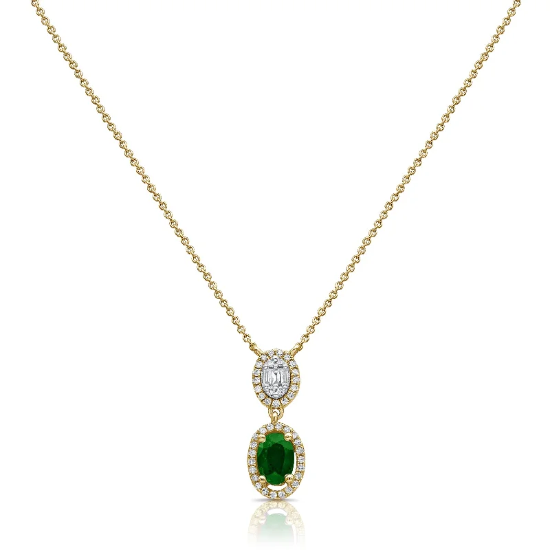 women's necklace long chain -Emerald and Diamond Double Halo Drop Necklace in 14K Rose Gold