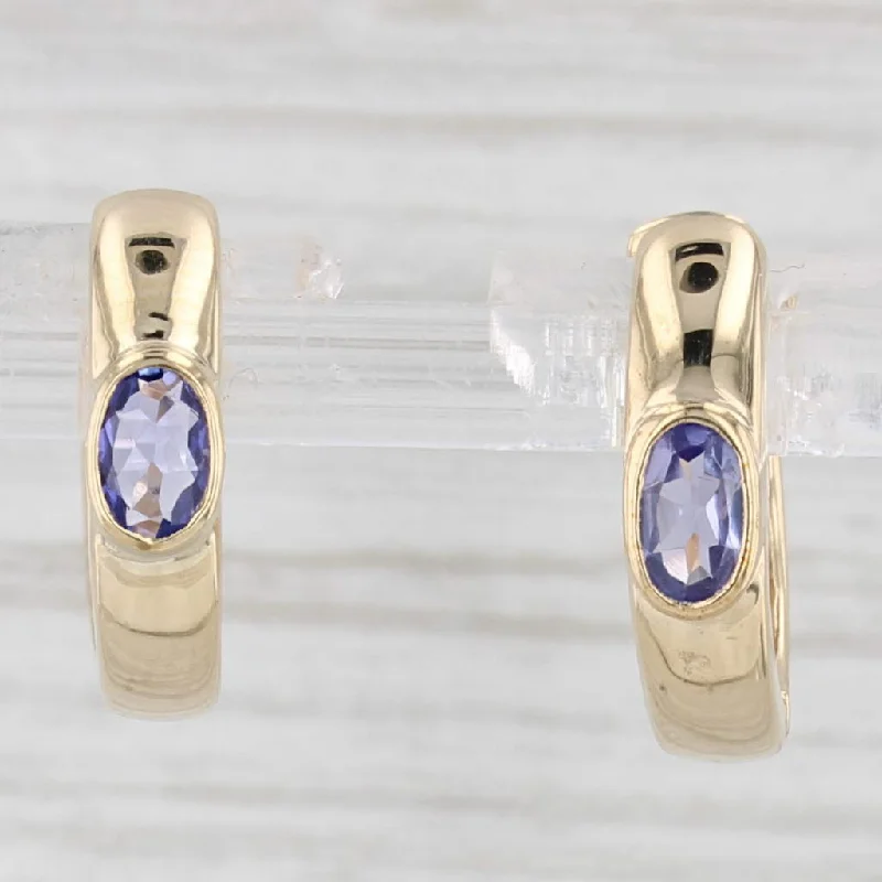 women's earrings layered style -1ctw Tanzanite Hoop Huggie Earrings 14k Yellow Gold Hinged Snap Top