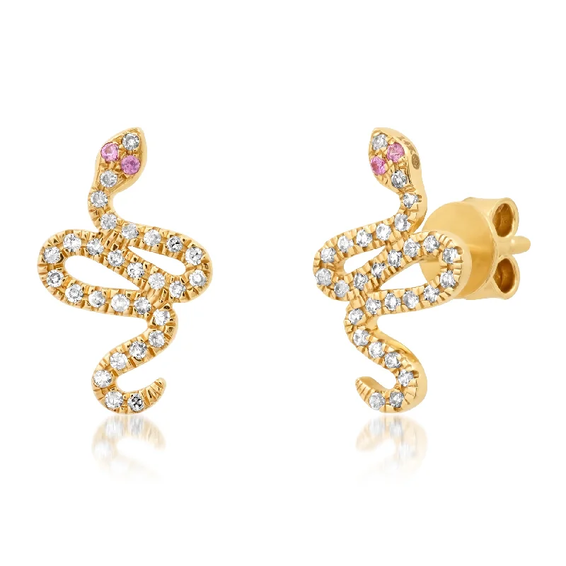 women's earrings sun and moon -PINK SAPPHIRE EYES DIAMOND SNAKE STUDS, 14kt GOLD