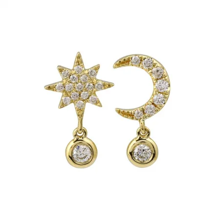 women's earrings teardrop -14k Yellow Gold Moon & Star Diamond Stud Earrings