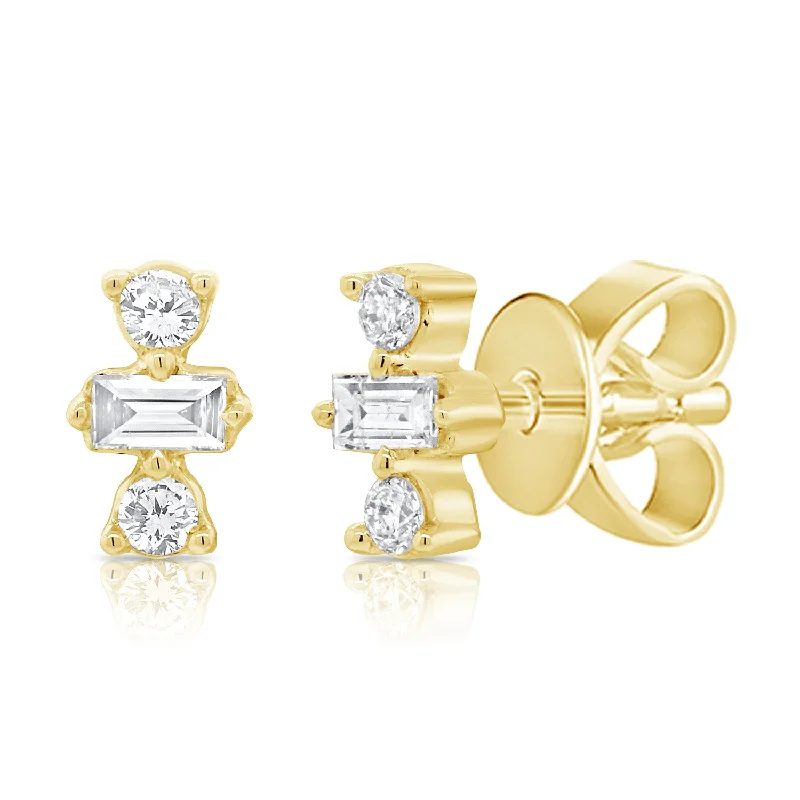 women's earrings everyday wear -14K Yellow Gold Round+Baguette Diamond Stud Earrings