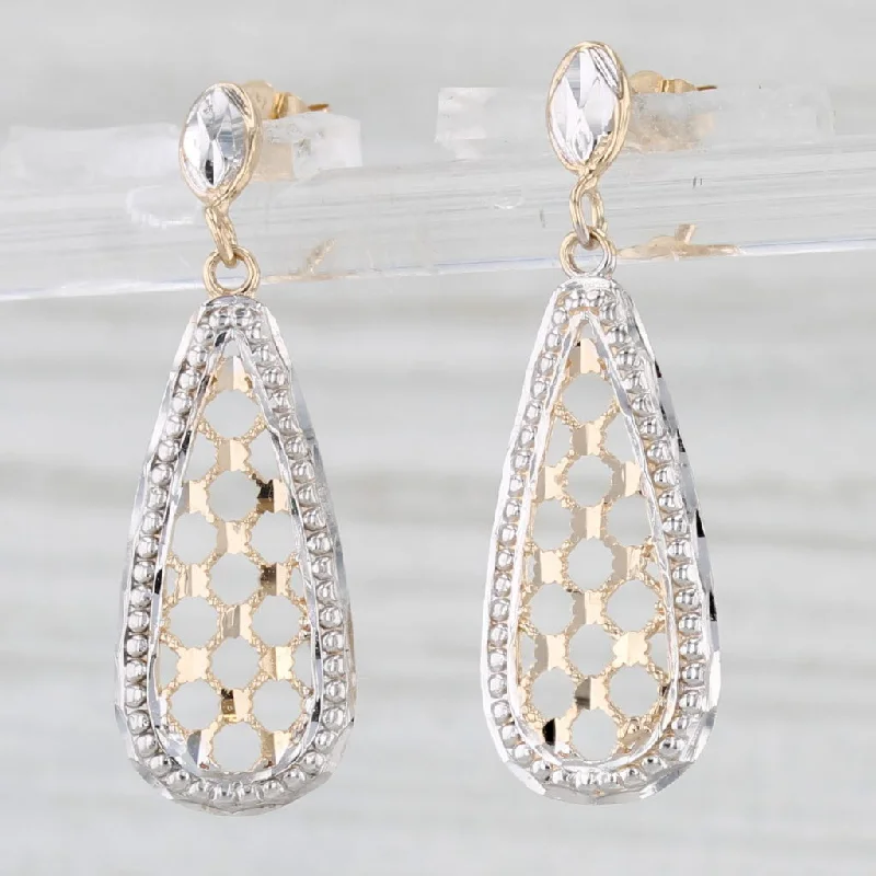 women's earrings vintage silver -Lattice Work Teardrop Earrings 14k White Yellow Gold Dangle Drops