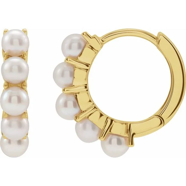 women's earrings halo setting -14K Yellow Gold Pearl Huggie Earrings