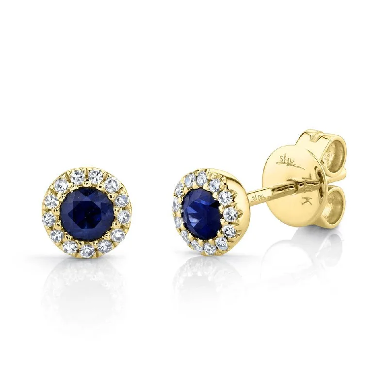 women's earrings stud -14K Yellow Gold Diamond + Blue Sapphire Earrings