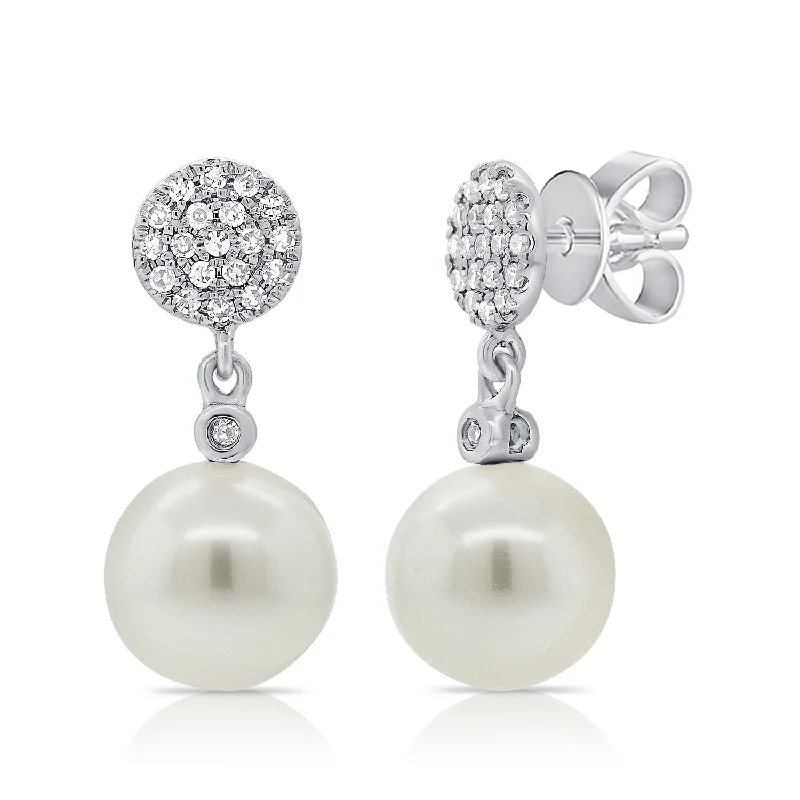 women's earrings minimalist -14K White Gold Diamond Disc + Pearl Earrings