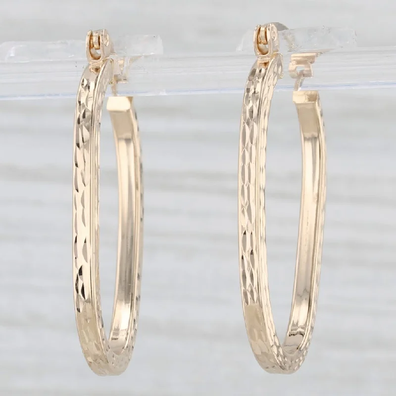 women's earrings art deco -Etched Pattern Oval Hoop Earrings 14k Yellow Gold Snap Top Hoops