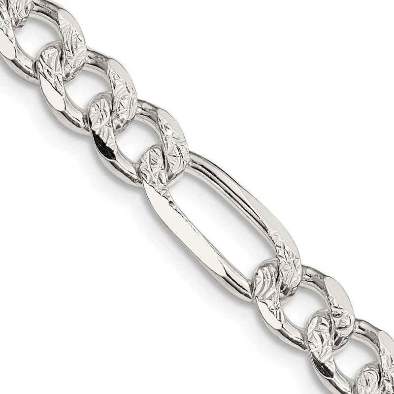 women's necklace gemstone accents -Sterling Silver 7.25mm Pav‚ Flat Figaro Chain Necklace