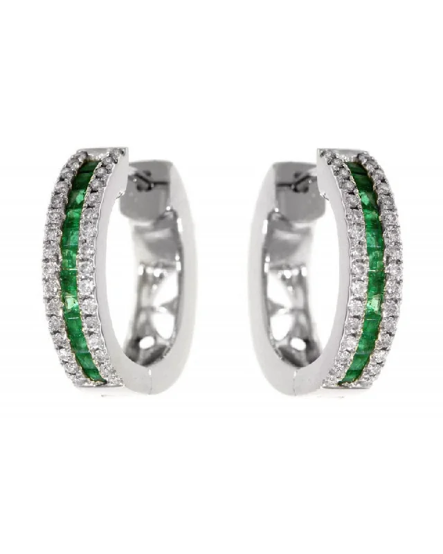 women's earrings teardrop -14kw Gold Emerald & Diamond Hinged Hoops