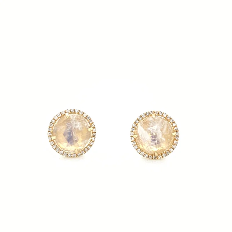 women's earrings oval shape -14K Yellow Gold Round Diamond + Round Moonstone Earrings