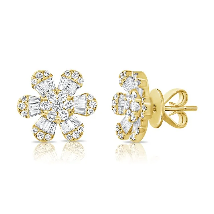 women's earrings butterfly shape -14K Yellow Gold Diamond + Baguette Flower Earrings