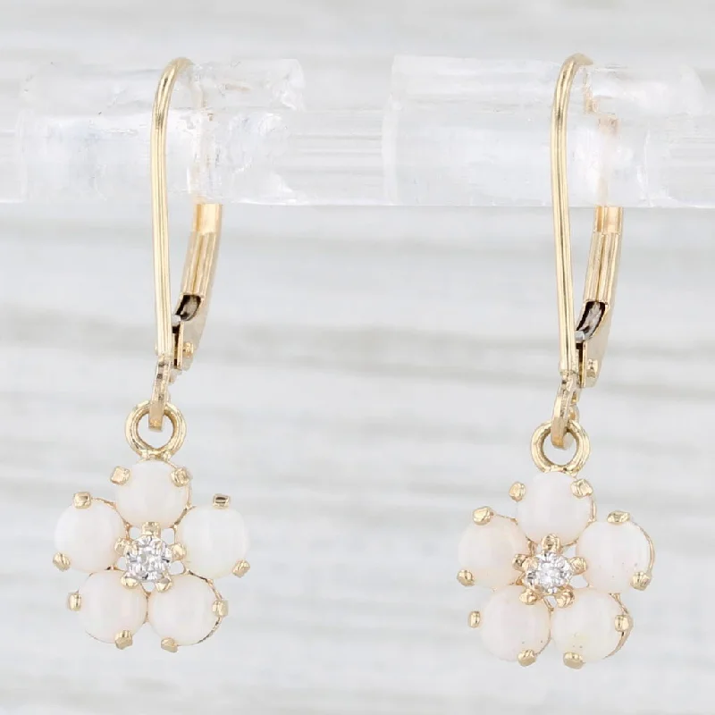 women's earrings dangle -Opal Diamond Flower Dangle Earrings 14k Yellow Gold Lever Backs