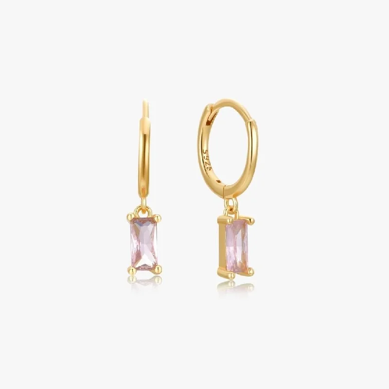 women's earrings cushion cut -Pink Rectangle Huggies in Gold