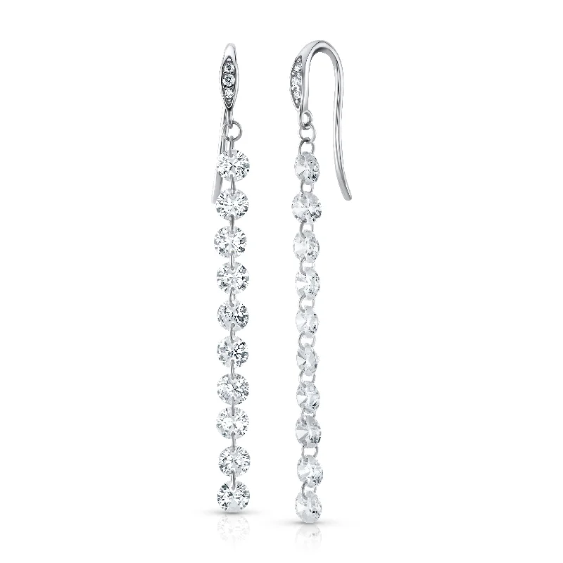 women's earrings for mother -LONG FLOATING CZ EARRINGS, SILVER