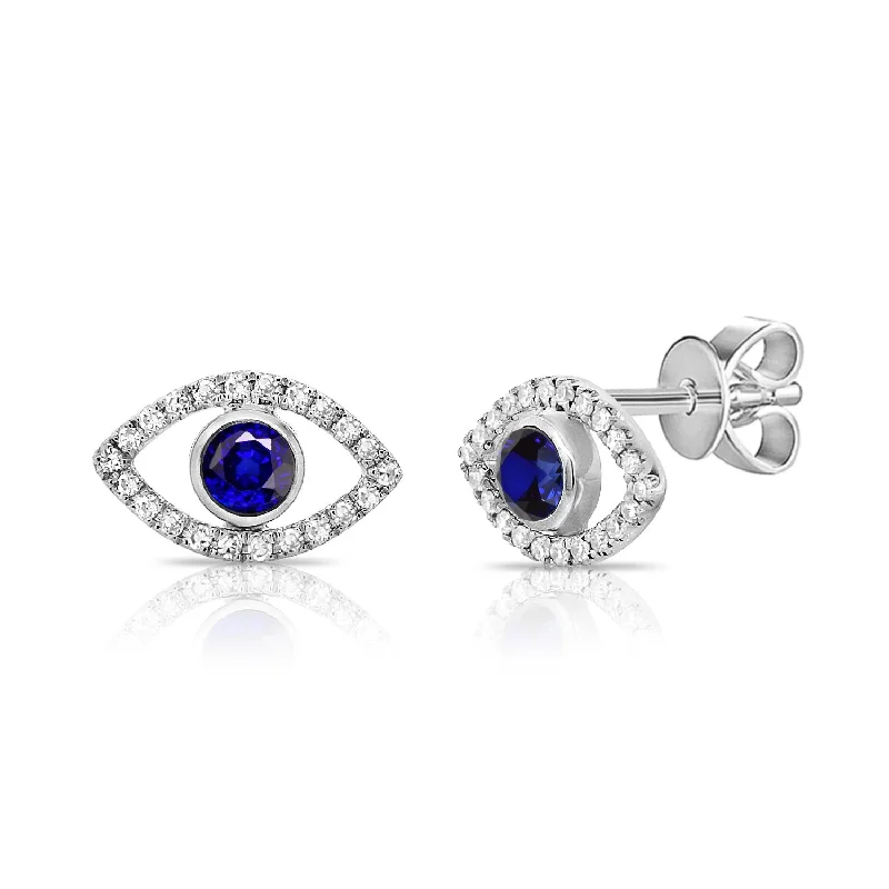 women's earrings fashion jewelry -14K White Gold Diamond + Sapphire Evil Eye Earrings