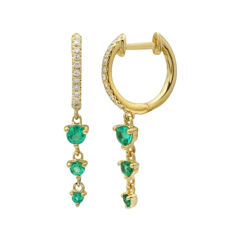 women's earrings modern minimalist -14k Yellow Gold Diamond and Emerald Dangle Huggie Hoop Earrings