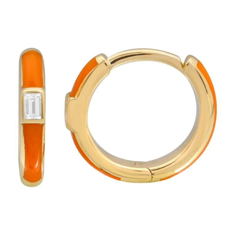 women's earrings classic style -14K Yellow Gold Orange Enamel & Diamond Huggie Earrings