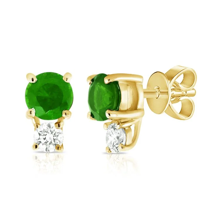 women's earrings trendy styles -14K Yellow Gold Diamond and Emerald Stud Earrings