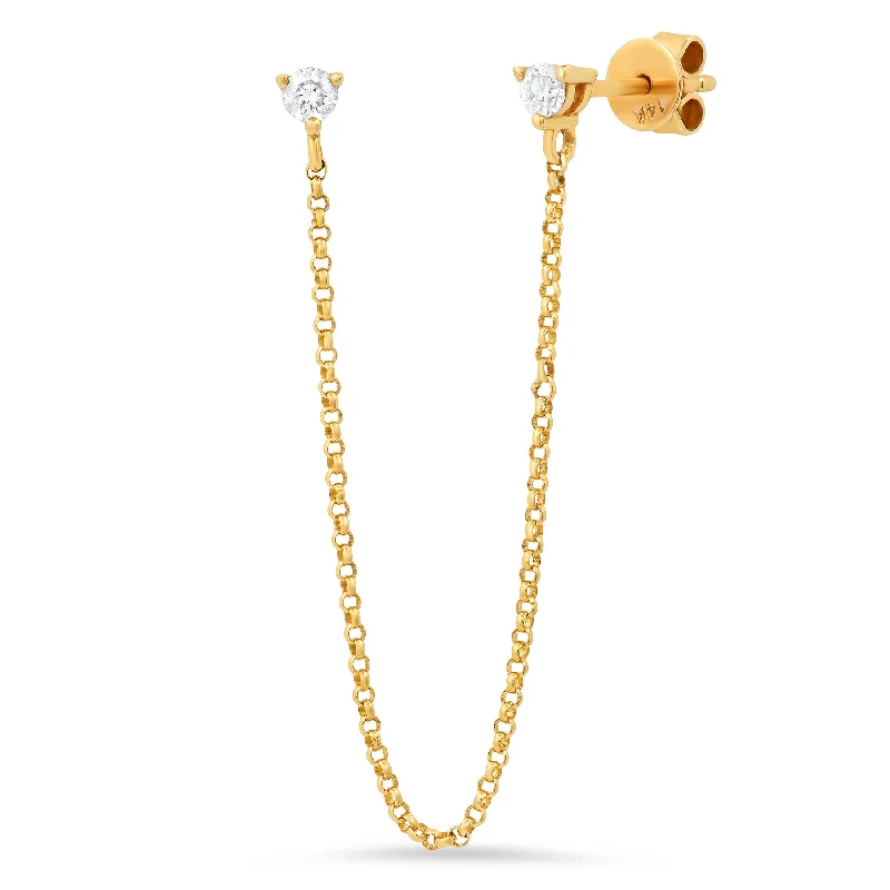 women's earrings handcrafted -ONE EAR DOUBLE TROUBLE CHAIN DIAMOND STUDS, 14kt GOLD