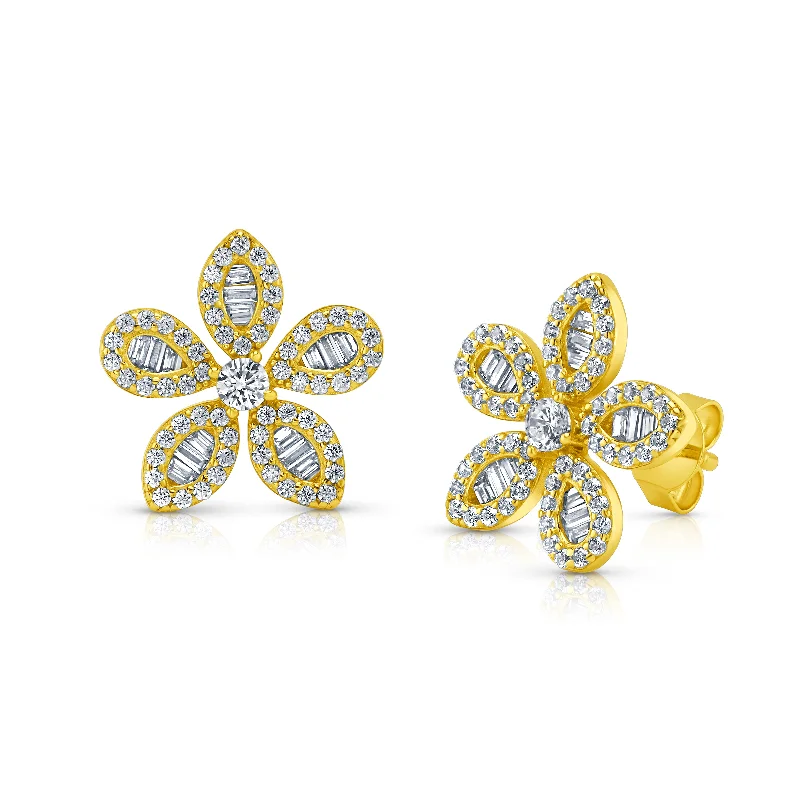 women's earrings silver -BAGUETTE FLOWER EARRINGS, GOLD