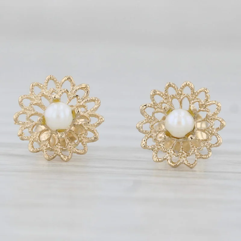 women's earrings pearl drop -Cultured Pearl Flower Stud Earrings 14k Yellow Gold