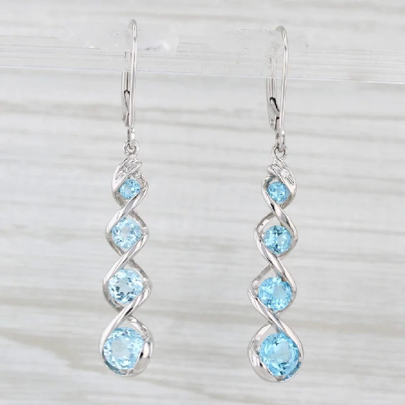 women's earrings emerald cut -2.50ctw Blue Topaz Journey Dangle Earrings 10k White Gold Hook Post Drops