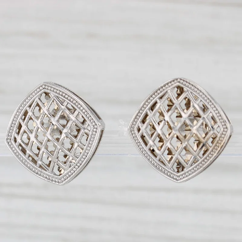 women's earrings for wife -Lattice Work Stud Earrings 14k White Gold Square Studs