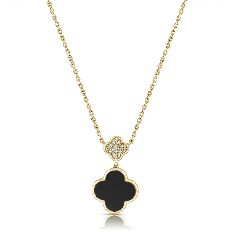 women's necklace chic and stylish -Black Agate & Diamond Clover Pendant Necklace