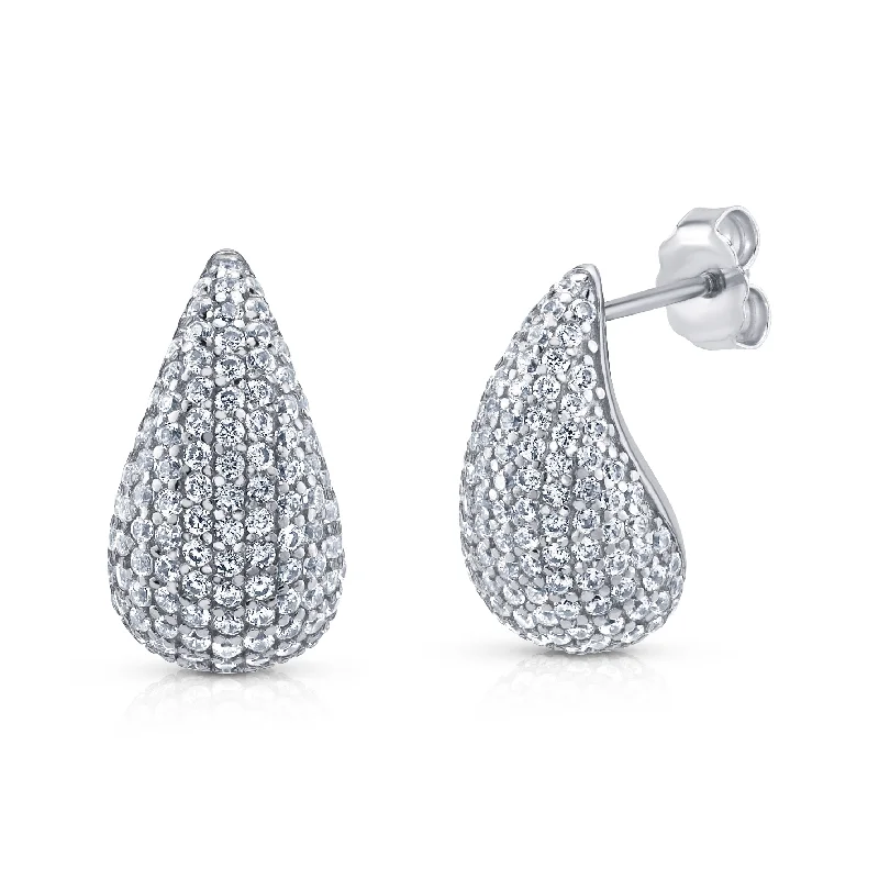 women's earrings luxury diamond -CZ PUFF TEAR DROP EARRINGS, SILVER