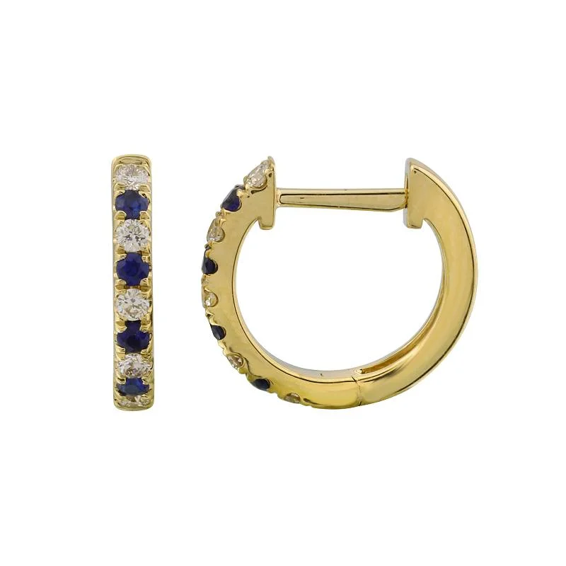 women's earrings celestial theme -14k Yellow Gold Diamond and Blue Sapphire Huggie Earrings