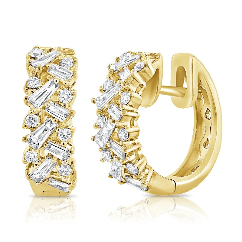 women's earrings with birthstone -14K Yellow Gold Round + Baguettes Diamond Huggies