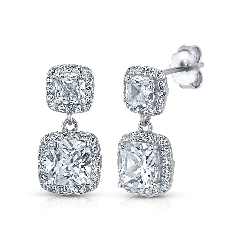 women's earrings bohemian design -HALO PRINCESS CUT DROP EARRINGS, SILVER