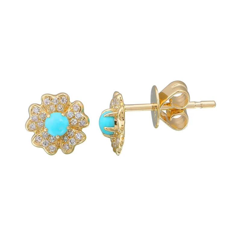 women's earrings big statement -14k Yellow Gold Diamond and Turquoise Flower Stud Earrings