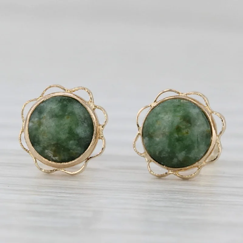 women's earrings bold fashion -Green Nephrite Jade Stud Earrings 10k Yellow Gold Round Cabochon Solitaires