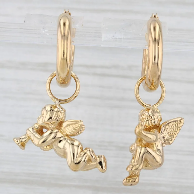 women's earrings sleek and modern -Heraldic Cherub Dangle Hoop Earrings 18k Gold Guardian Angel Charms on Hoops