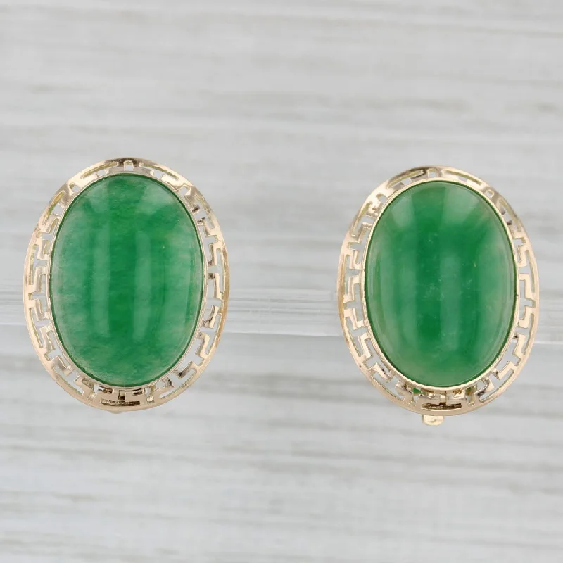 women's earrings fashion jewelry -Green Quartz Vintage Clip On Earrings 14k Yellow Gold Greek Key Pattern