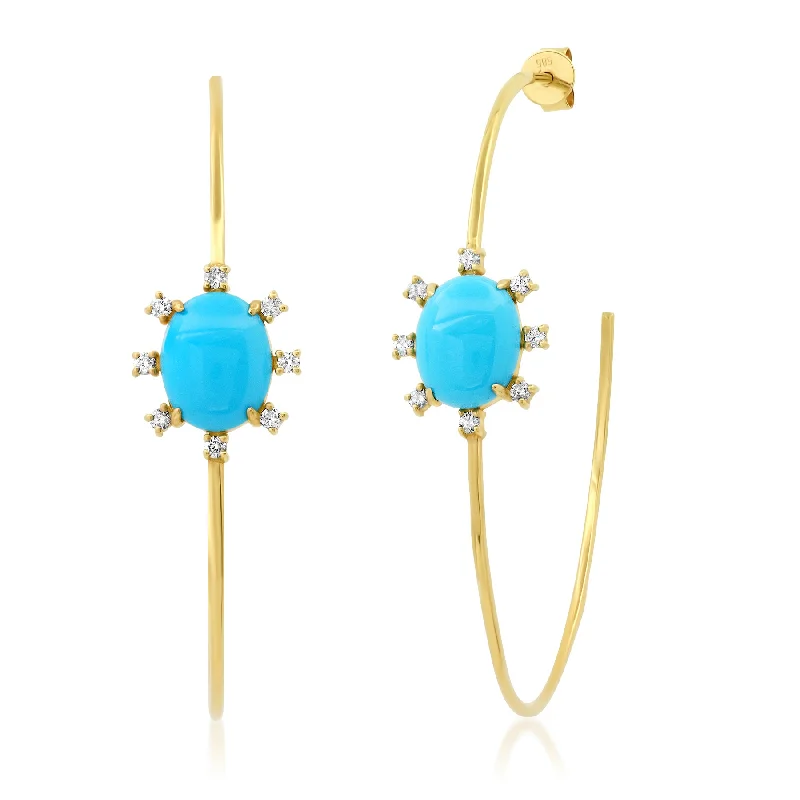 women's earrings large hoop -AWAKEN SLEEPING BEAUTY TURQUOISE DIAMOND HOOPS, 14kt GOLD