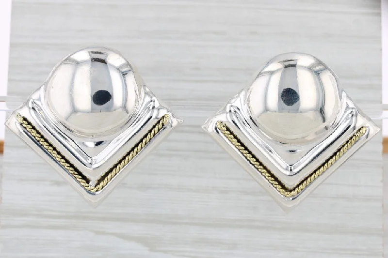 women's earrings pearl drop -Vintage Statement Clip On Earrings Sterling Silver Brass Non Pierced Mexico