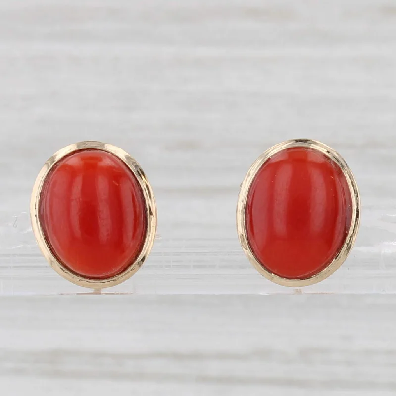 women's earrings emerald cut -Red Coral Stud Earrings 14k Yellow Gold Oval Cabochon Solitaires