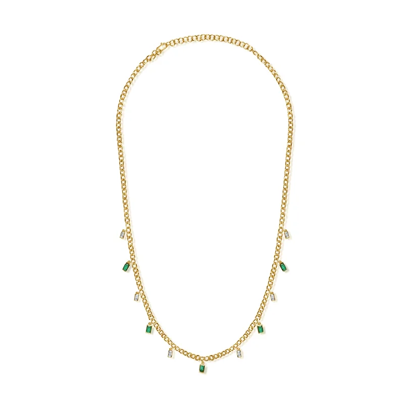 women's necklace engraved message -Elegant Station Necklace with 0.80 Carats of Emeralds and Diamonds