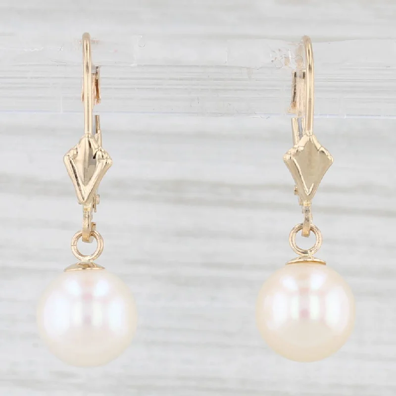 women's earrings with beads -Cultured Pearl Dangle Earrings 14k Yellow Gold Lever Back Drops